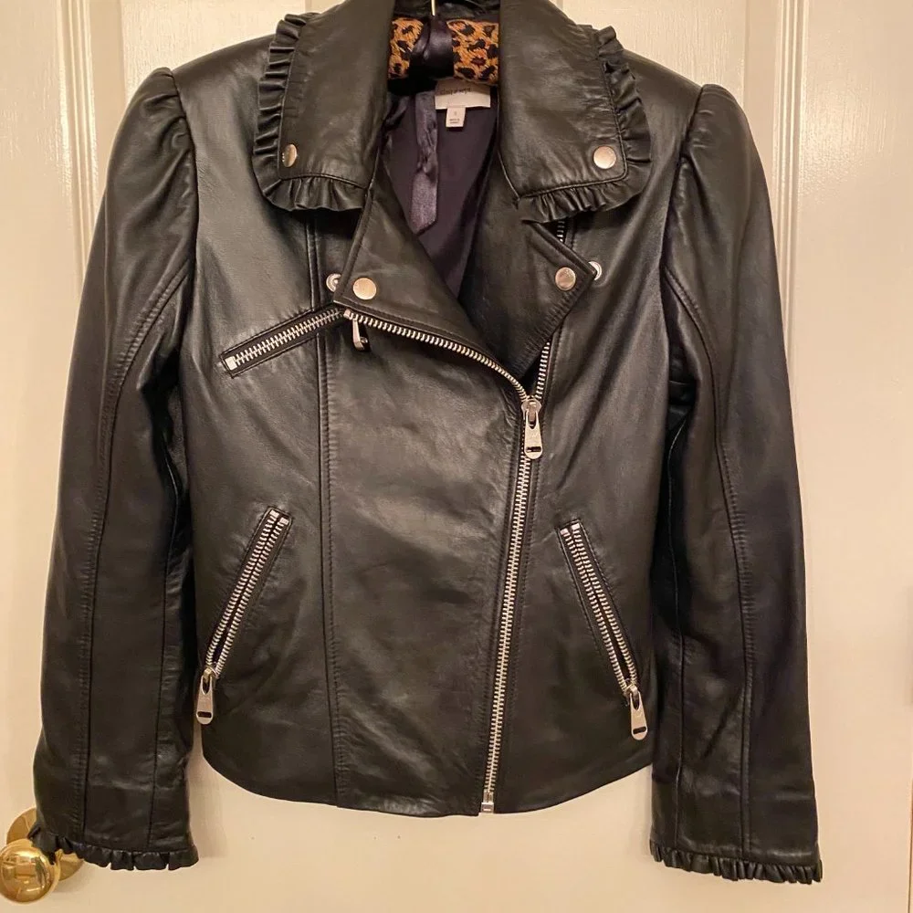 Cinq A Sept Eloise Moto Biker Leather Jacket Ruffled Trim SZ S - Picture 10 of 10